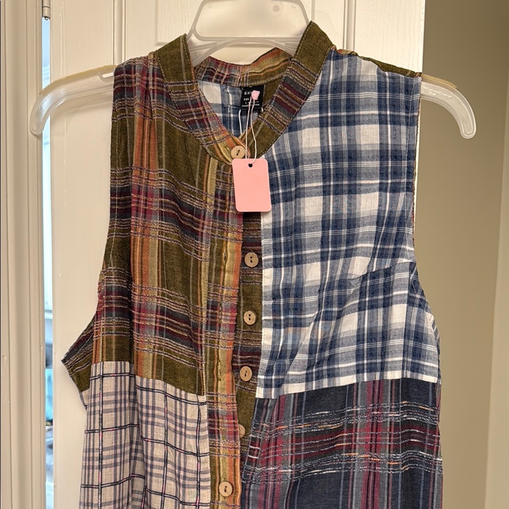 SHEIN Plaid Patchwork Jumpsuit in Navy, Red, Cream - Picture 2 of 3